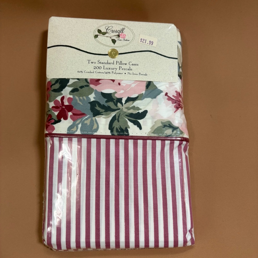 Croscill Rose Arbor Standard Pillowcase Pair Floral Striped Grandma Cottage NEW